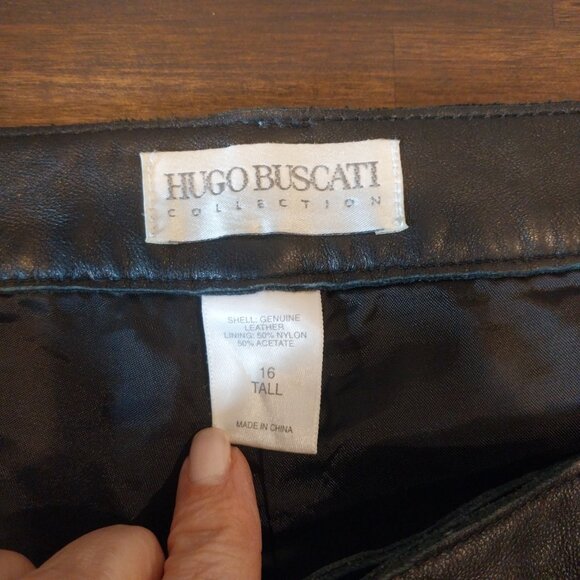 Hugo Buscati 100% Authentic Leather Pants Women 16 TALL Black Straight Unhemmed - Picture 6 of 11